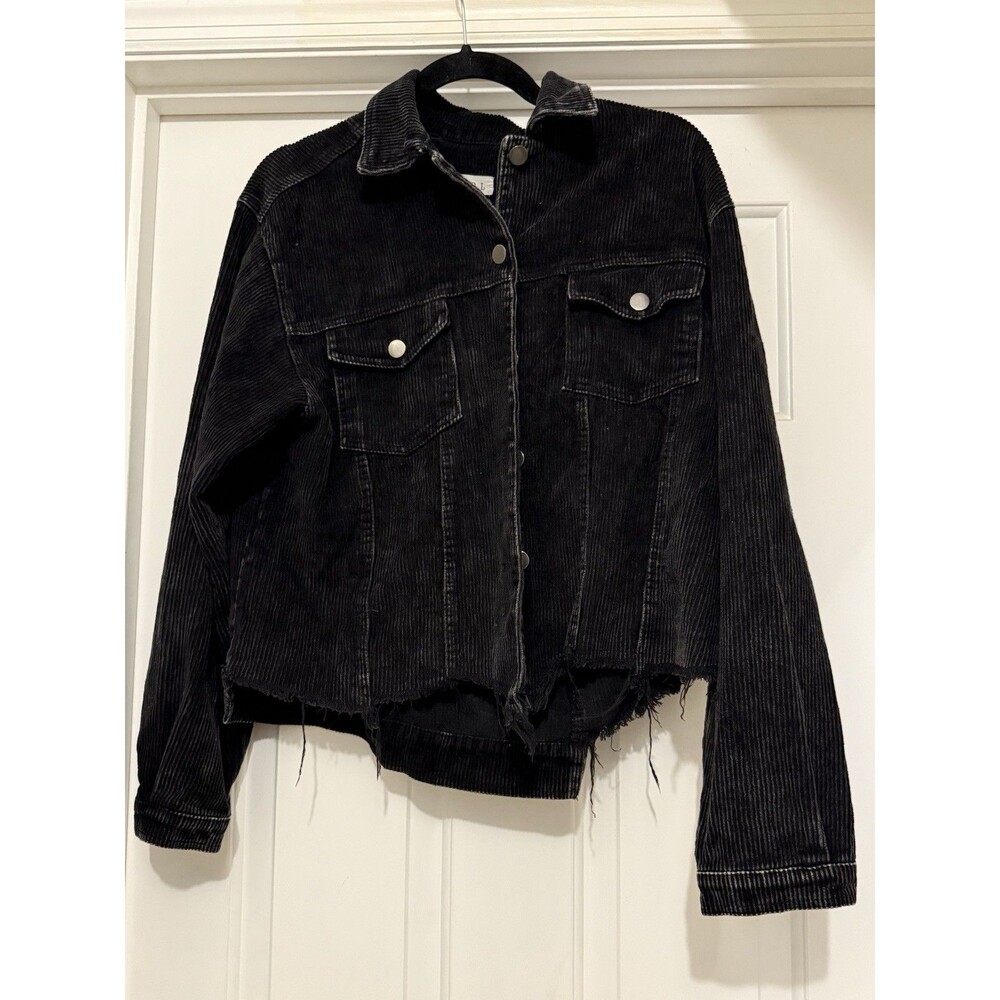 POL Distressed Raw Hem Button Up Jacket Black Corduroy Medium Woman’s